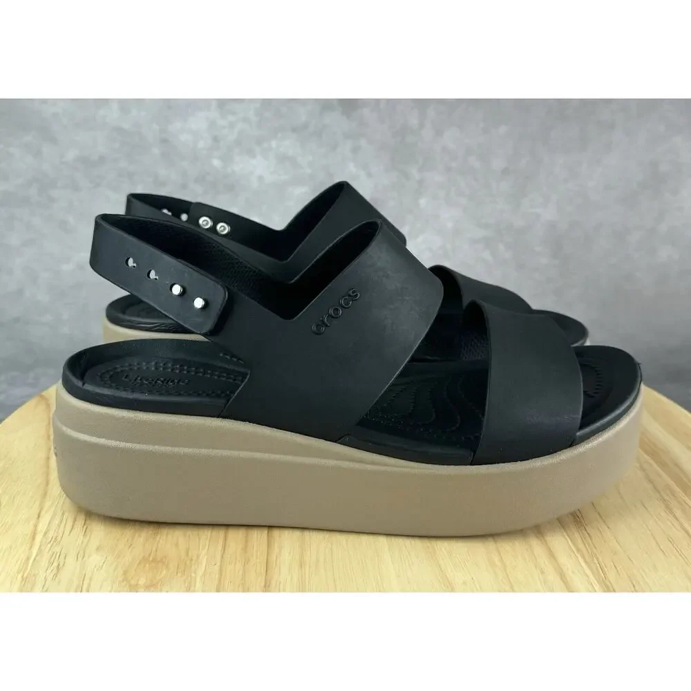 Crocs Womens Size 10 LiteRide Brooklyn Sandals Wedge Platform Black Ankle Strap